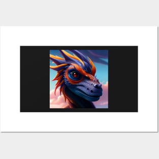 Purple and Orange Scaled Dragon with Red Eyes Posters and Art